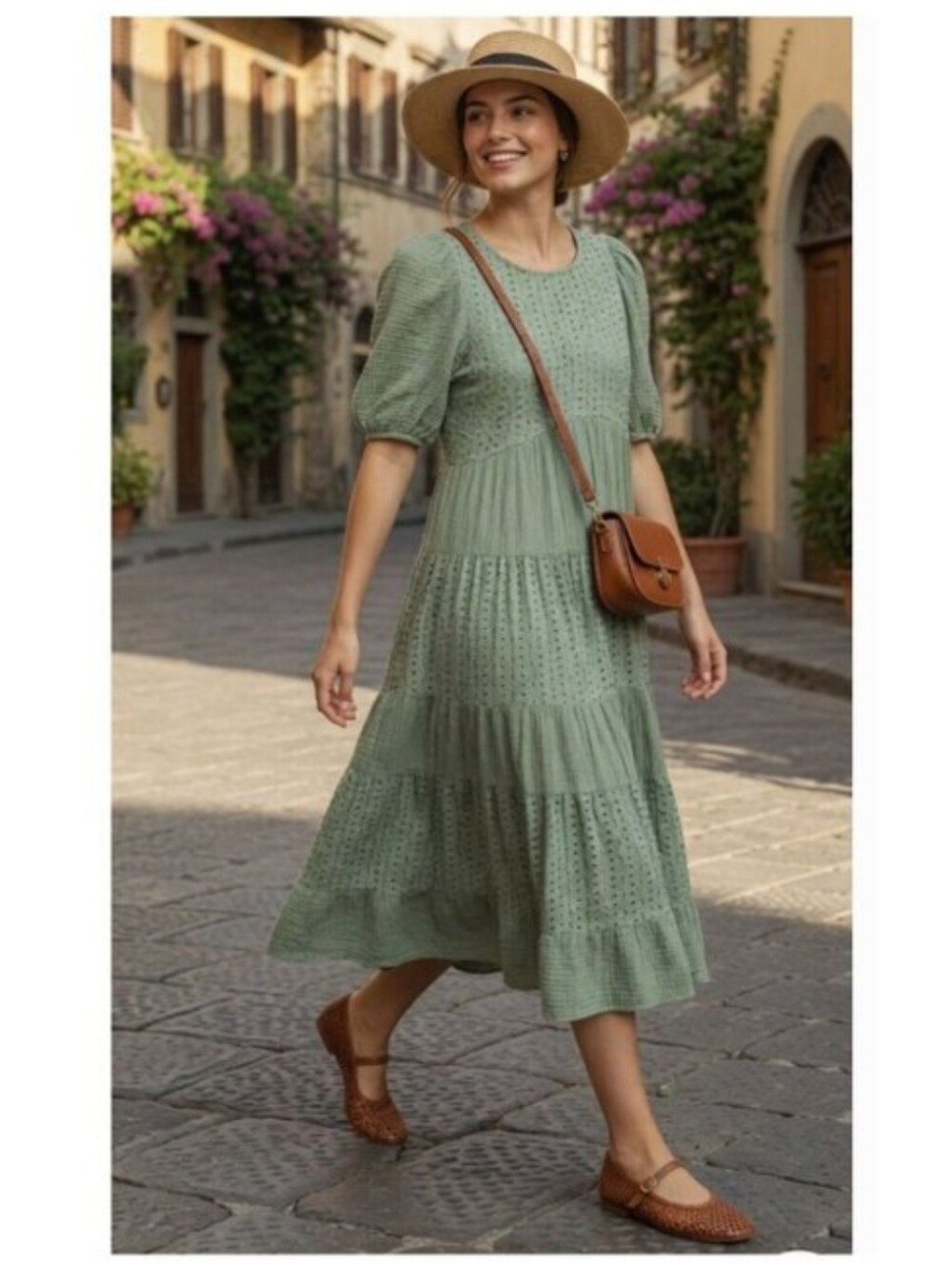 Shop Stevie Cotton Sage Green Eyelet Mixed Media Gauze Tiered Midi Dress Puff Sl
